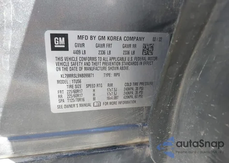 2022 Chevrolet Trailblazer Awd Lt z USA, uszkodzony, nr VIN KL79MRSL9NB099871